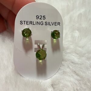 Sterling Silver Round Peridot Simulated Diamonds Stud Earrings and Pendant Set
